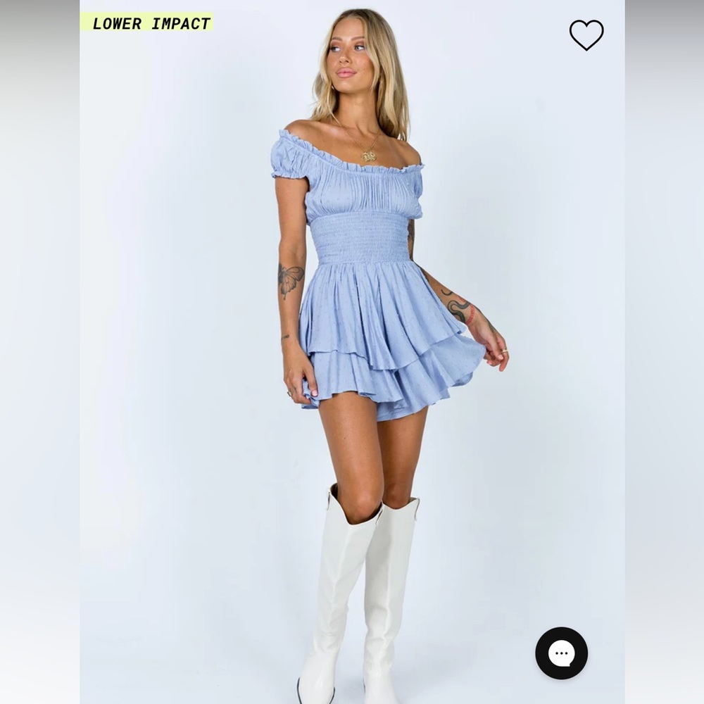 Princess Polly,Love Galore,blue off the shoulder shirred waist ruffle romper, 18